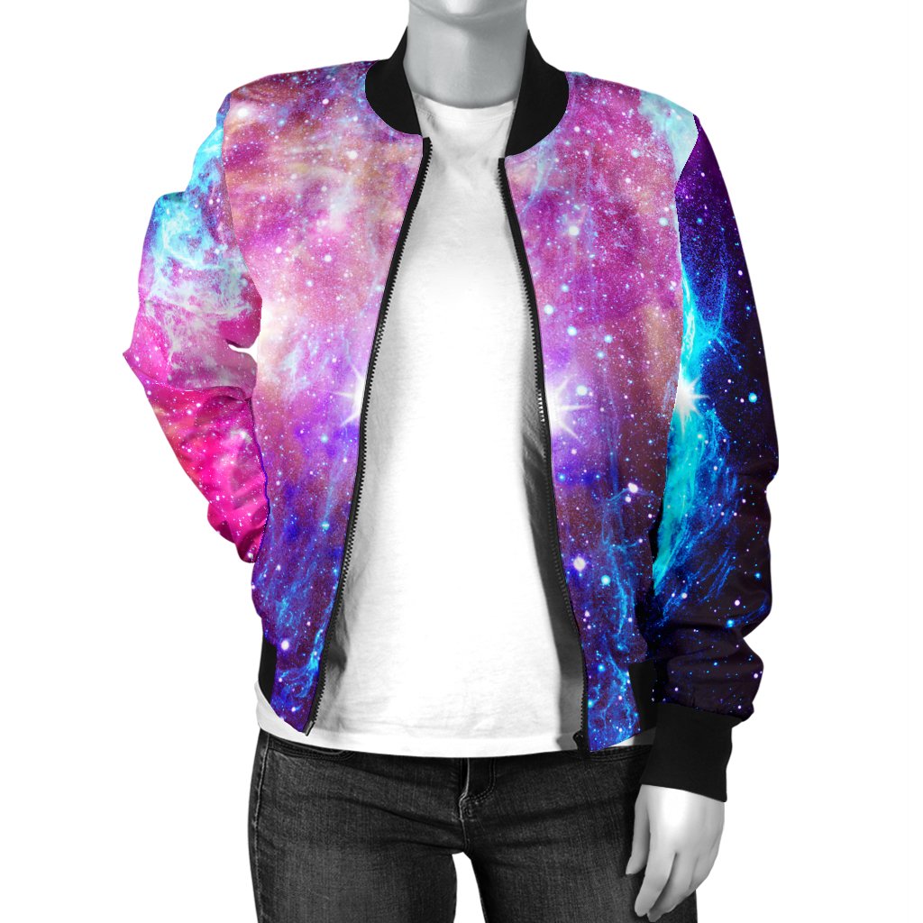 Galaxy Night Purple Space Print Women Casual Bomber Jacket