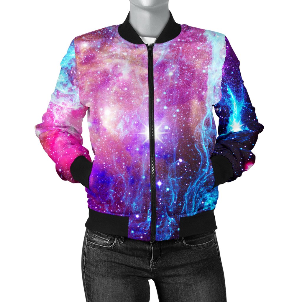 Galaxy Night Purple Space Print Women Casual Bomber Jacket