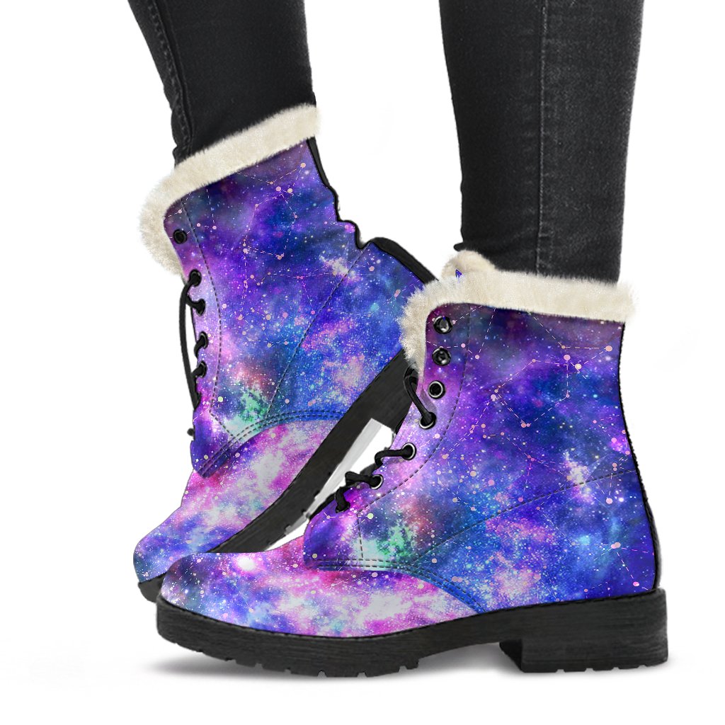 Galaxy Night Stardust Space Print Faux Fur Leather Boots-JTAMIGO.COM