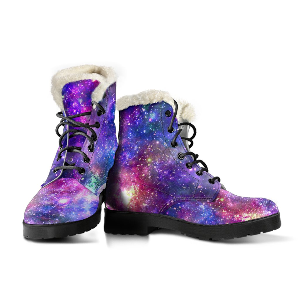 Galaxy Night Stardust Space Print Faux Fur Leather Boots-JTAMIGO.COM