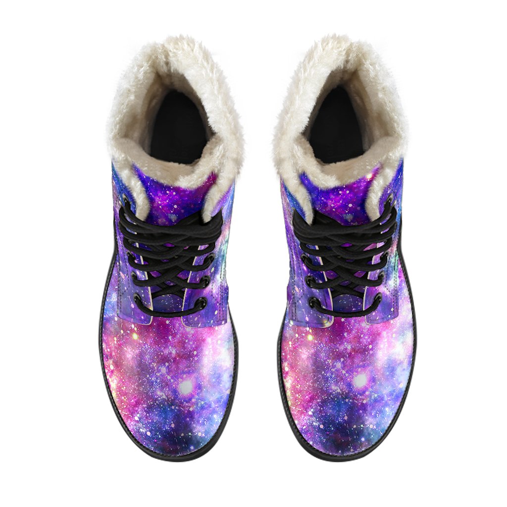 Galaxy Night Stardust Space Print Faux Fur Leather Boots-JTAMIGO.COM