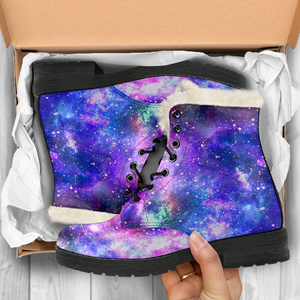 Galaxy Night Stardust Space Print Faux Fur Leather Boots-JTAMIGO.COM