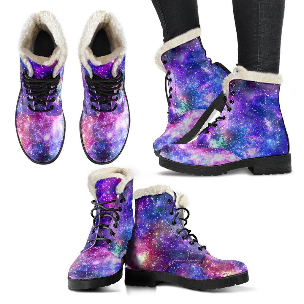 Galaxy Night Stardust Space Print Faux Fur Leather Boots-JTAMIGO.COM