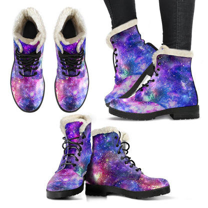 Galaxy Night Stardust Space Print Faux Fur Leather Boots-JTAMIGO.COM