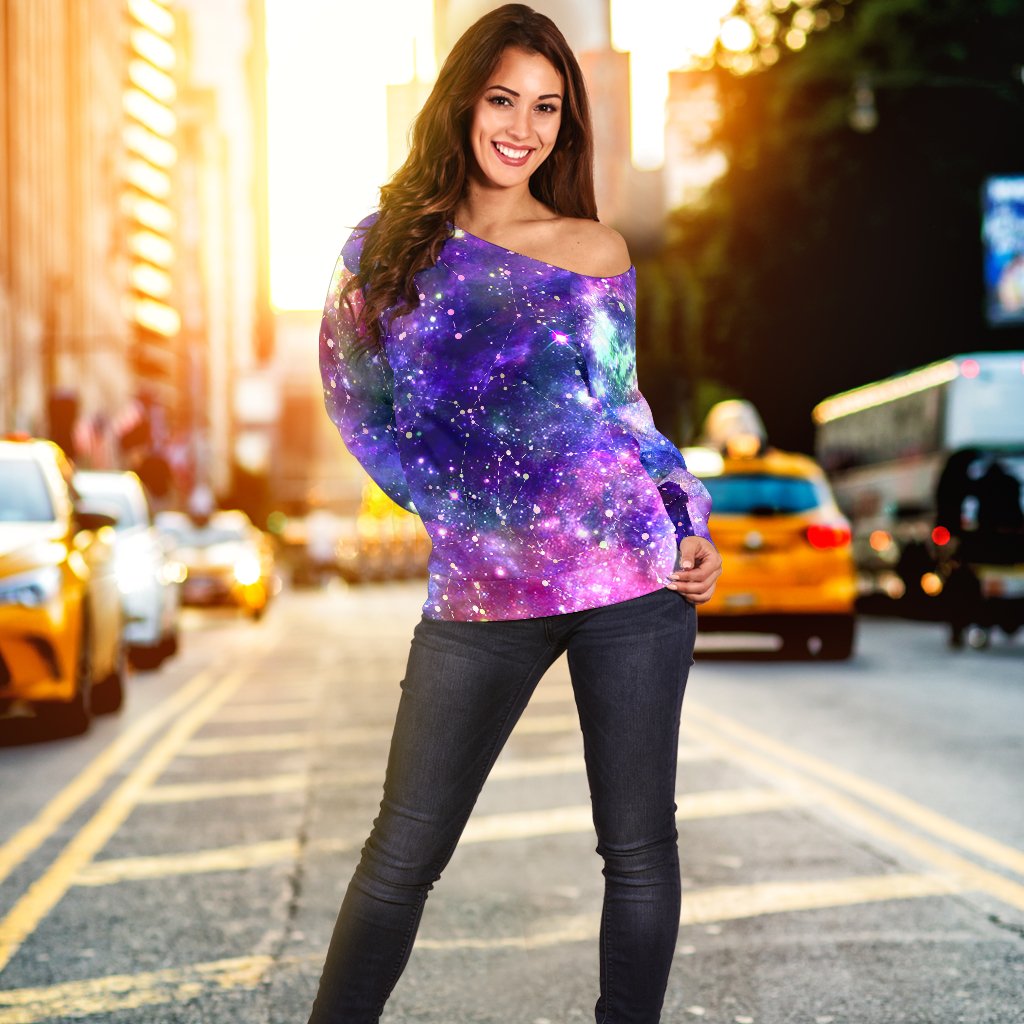 Galaxy Night Stardust Space Print Off Shoulder Sweatshirt