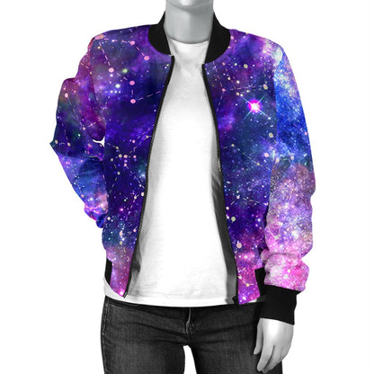 Galaxy Night Stardust Space Print Women Casual Bomber Jacket