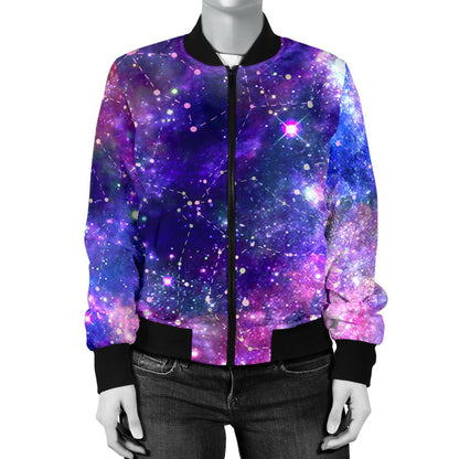 Galaxy Night Stardust Space Print Women Casual Bomber Jacket