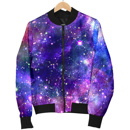 Galaxy Night Stardust Space Print Women Casual Bomber Jacket