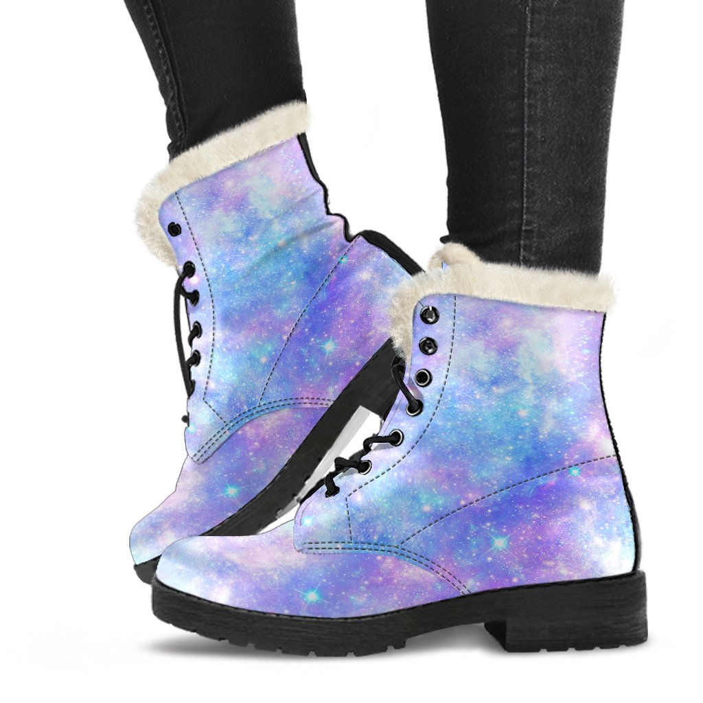 Galaxy Stardust Pastel Color Print Faux Fur Leather Boots-JTAMIGO.COM