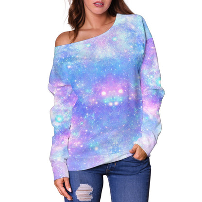 Galaxy Stardust Pastel Color Print Off Shoulder Sweatshirt