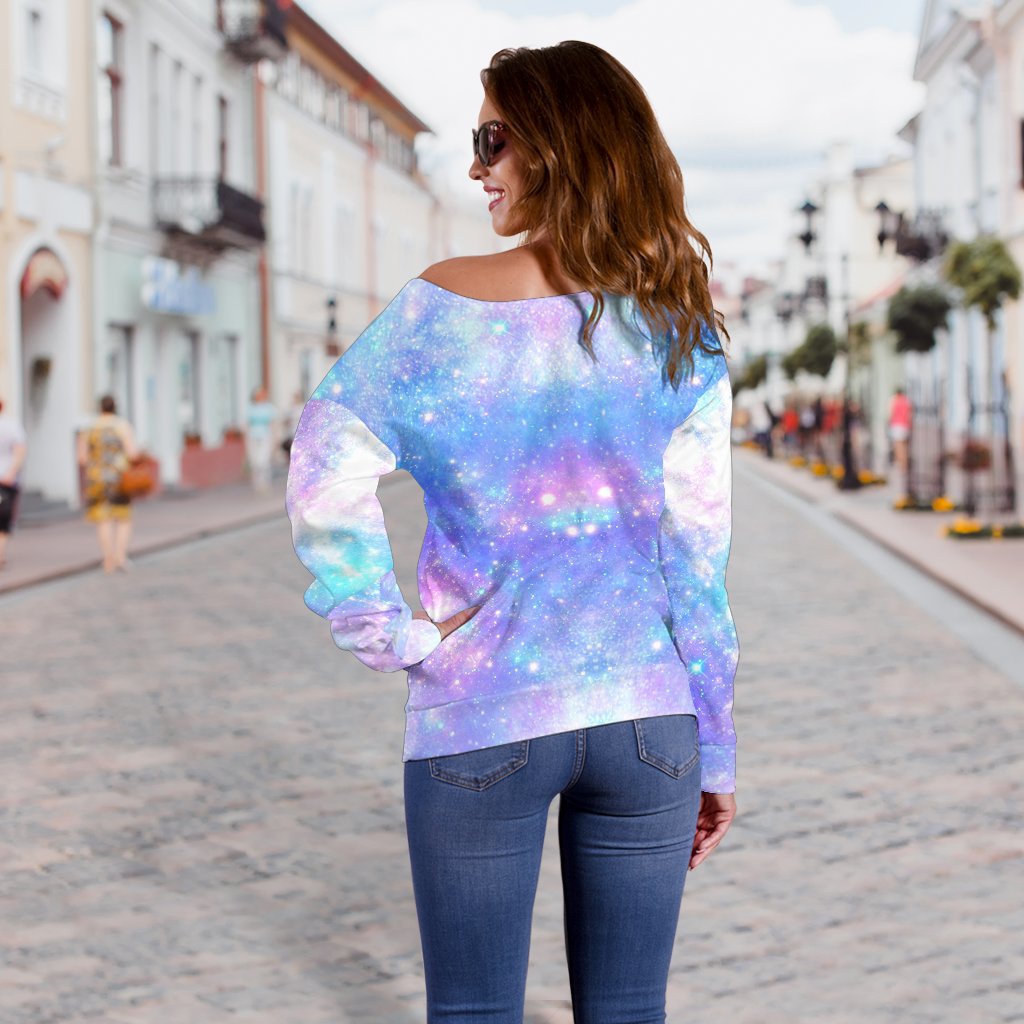 Galaxy Stardust Pastel Color Print Off Shoulder Sweatshirt