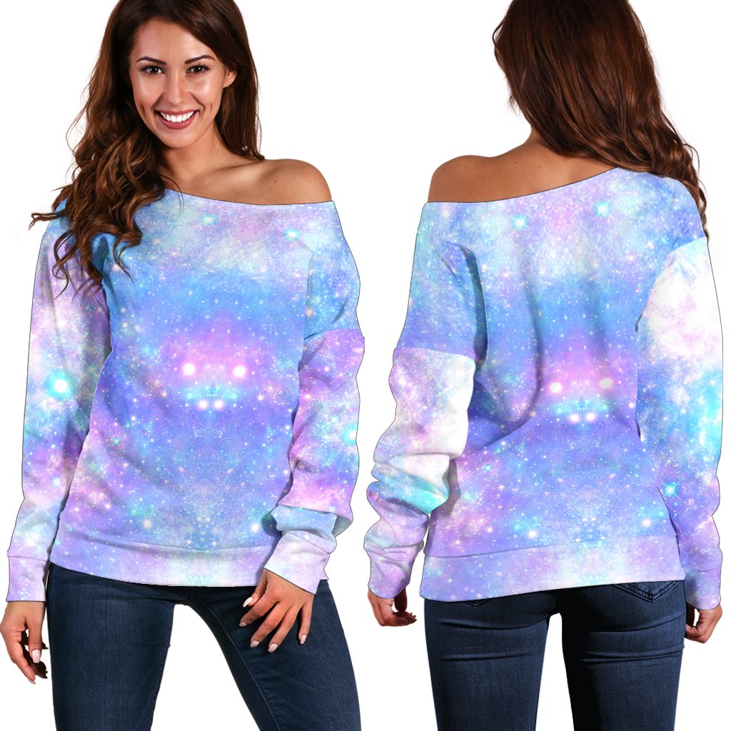 Galaxy Stardust Pastel Color Print Off Shoulder Sweatshirt