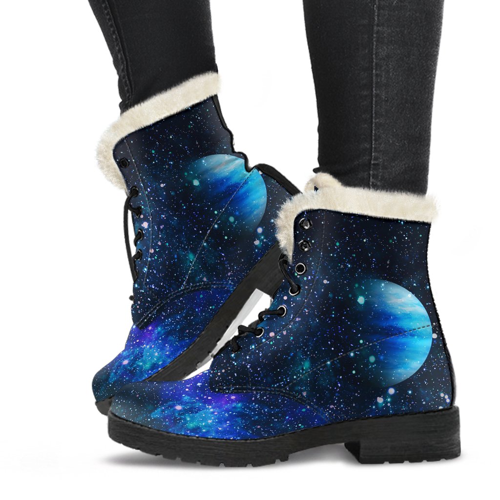 Galaxy Stardust Planet Space Print Faux Fur Leather Boots-JTAMIGO.COM