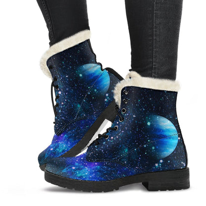Galaxy Stardust Planet Space Print Faux Fur Leather Boots-JTAMIGO.COM