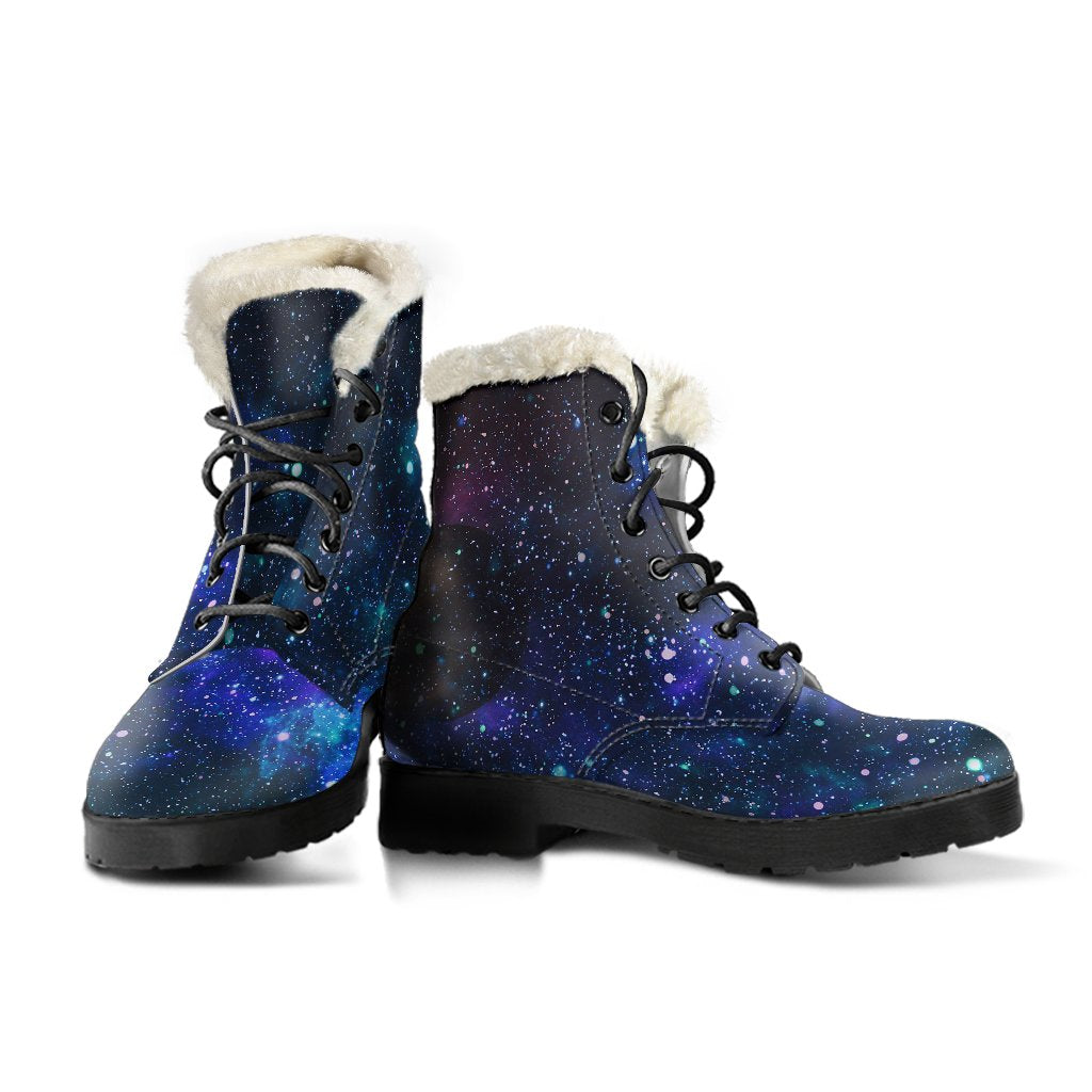 Galaxy Stardust Planet Space Print Faux Fur Leather Boots-JTAMIGO.COM