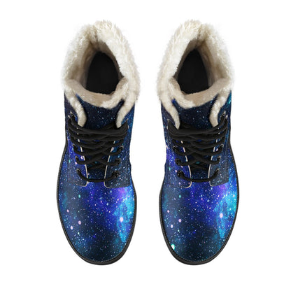 Galaxy Stardust Planet Space Print Faux Fur Leather Boots-JTAMIGO.COM