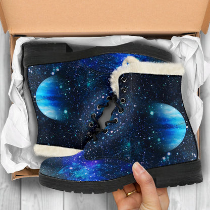 Galaxy Stardust Planet Space Print Faux Fur Leather Boots-JTAMIGO.COM