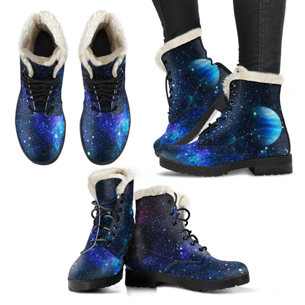 Galaxy Stardust Planet Space Print Faux Fur Leather Boots-JTAMIGO.COM