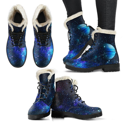 Galaxy Stardust Planet Space Print Faux Fur Leather Boots-JTAMIGO.COM