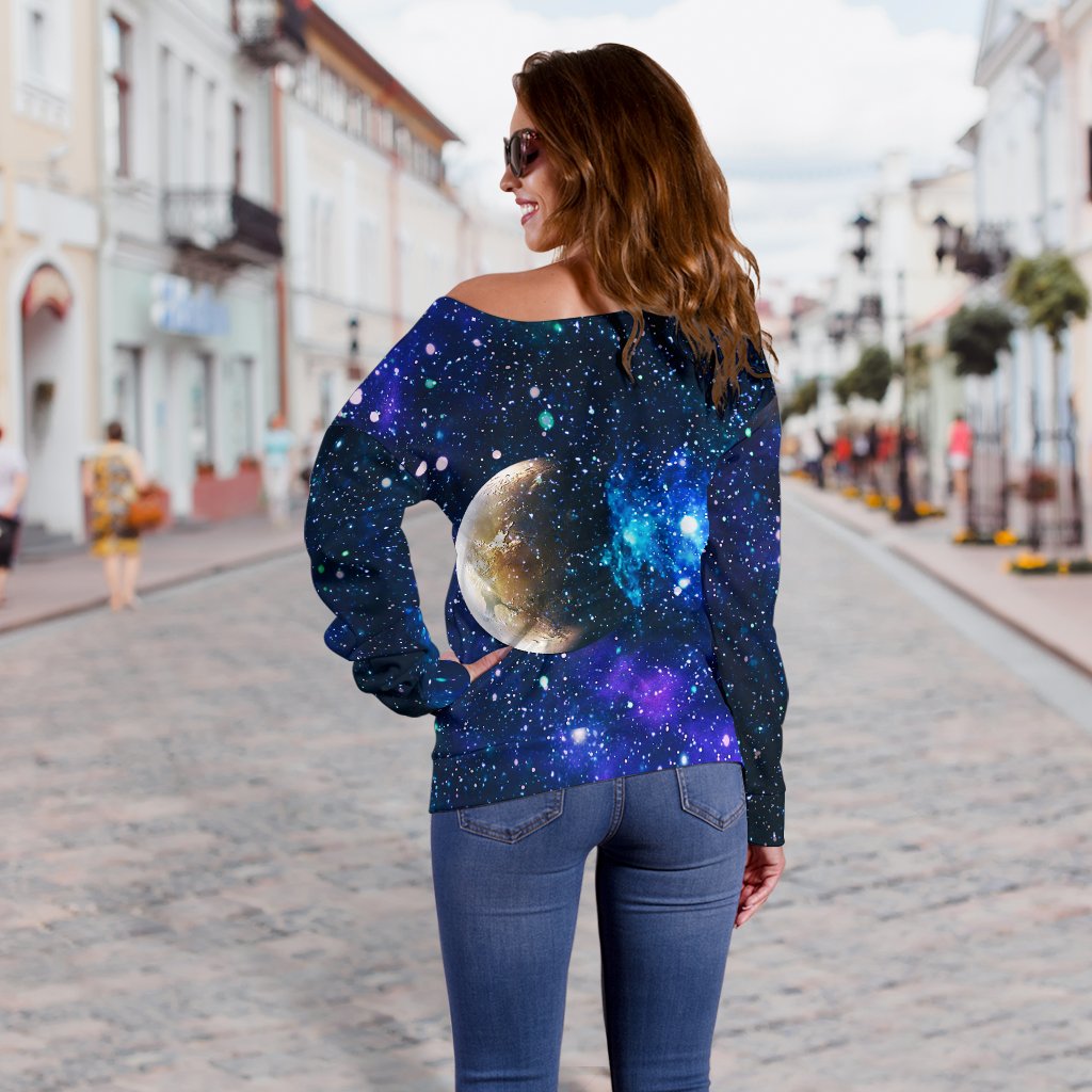 Galaxy Stardust Planet Space Print Off Shoulder Sweatshirt