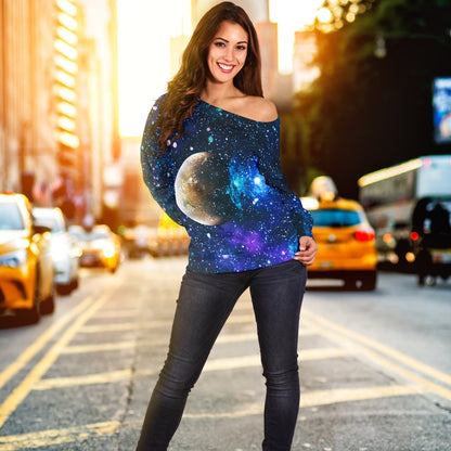 Galaxy Stardust Planet Space Print Off Shoulder Sweatshirt