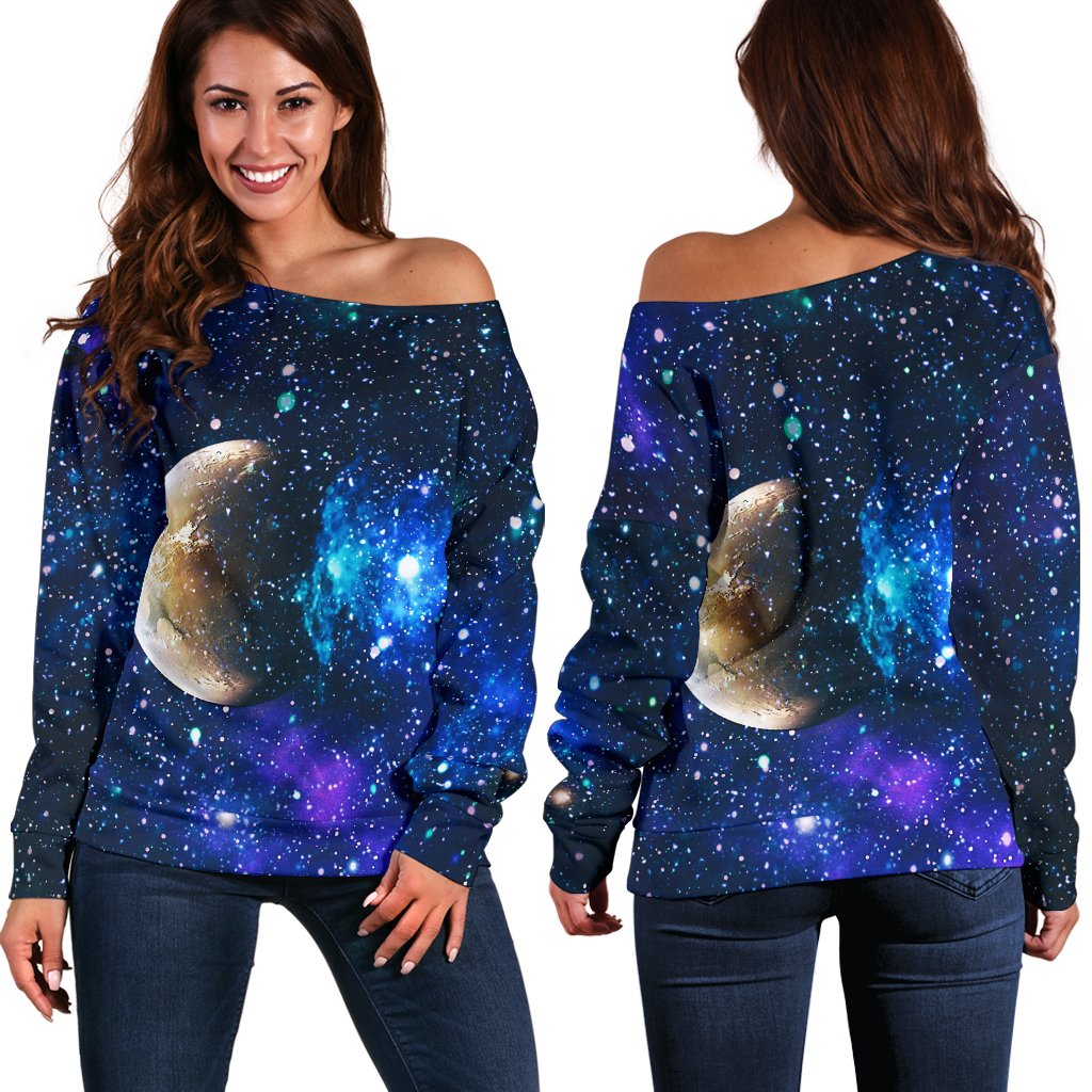 Galaxy Stardust Planet Space Print Off Shoulder Sweatshirt