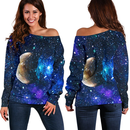 Galaxy Stardust Planet Space Print Off Shoulder Sweatshirt