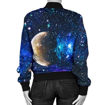 Galaxy Stardust Planet Space Print Women Casual Bomber Jacket