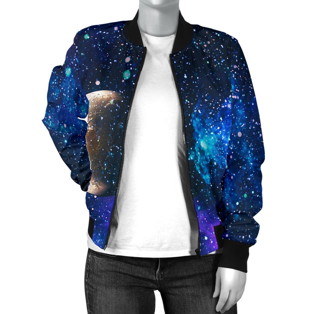 Galaxy Stardust Planet Space Print Women Casual Bomber Jacket