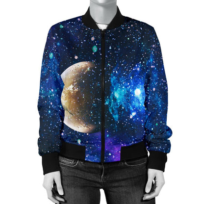 Galaxy Stardust Planet Space Print Women Casual Bomber Jacket