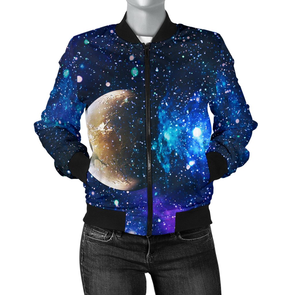 Galaxy Stardust Planet Space Print Women Casual Bomber Jacket