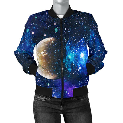 Galaxy Stardust Planet Space Print Women Casual Bomber Jacket