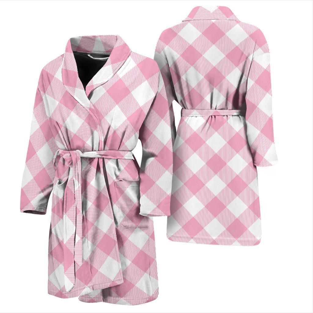 Gingham Pink Pattern Print Design 02 Men Bathrobe-JORJUNE.COM