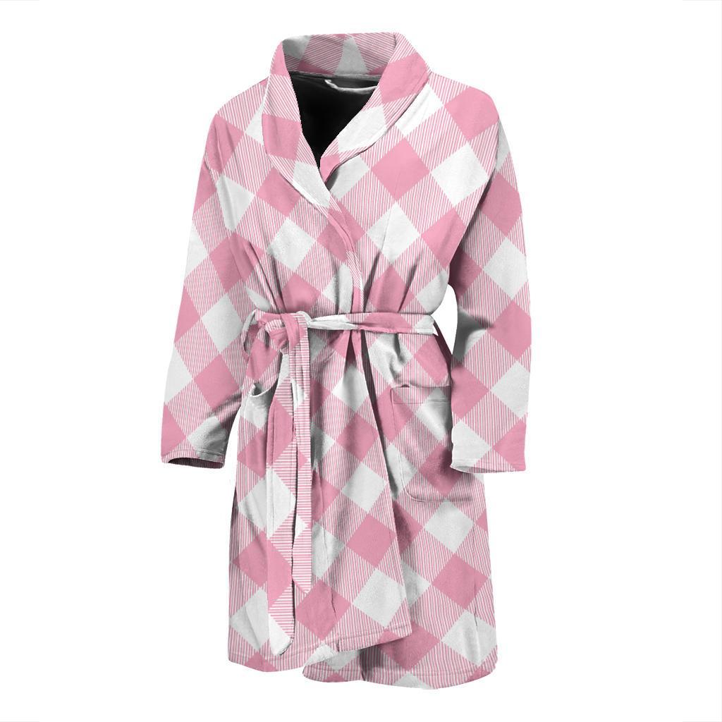 Gingham Pink Pattern Print Design 02 Men Bathrobe-JORJUNE.COM