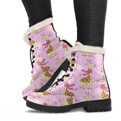 Giraffe Cute Pink Polka Dot Print Faux Fur Leather Boots-JTAMIGO.COM