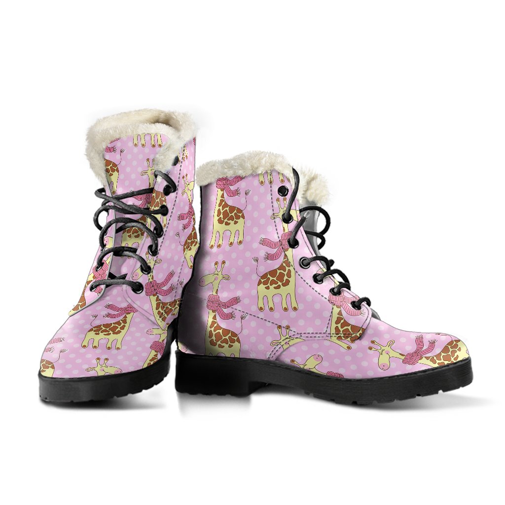 Giraffe Cute Pink Polka Dot Print Faux Fur Leather Boots-JTAMIGO.COM