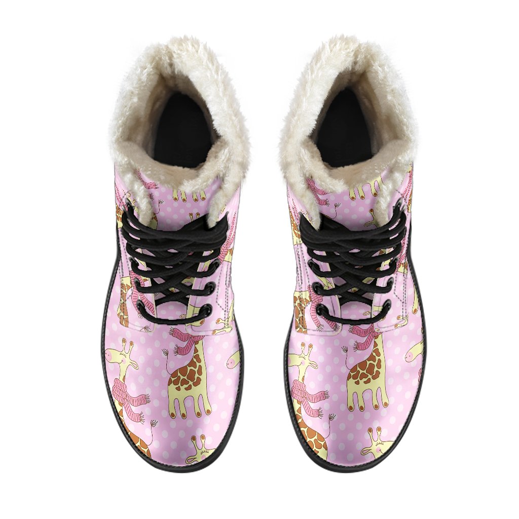 Giraffe Cute Pink Polka Dot Print Faux Fur Leather Boots-JTAMIGO.COM
