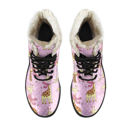 Giraffe Cute Pink Polka Dot Print Faux Fur Leather Boots-JTAMIGO.COM