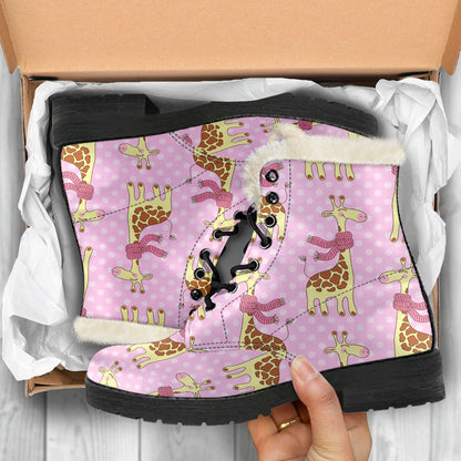 Giraffe Cute Pink Polka Dot Print Faux Fur Leather Boots-JTAMIGO.COM