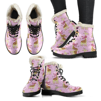 Giraffe Cute Pink Polka Dot Print Faux Fur Leather Boots-JTAMIGO.COM