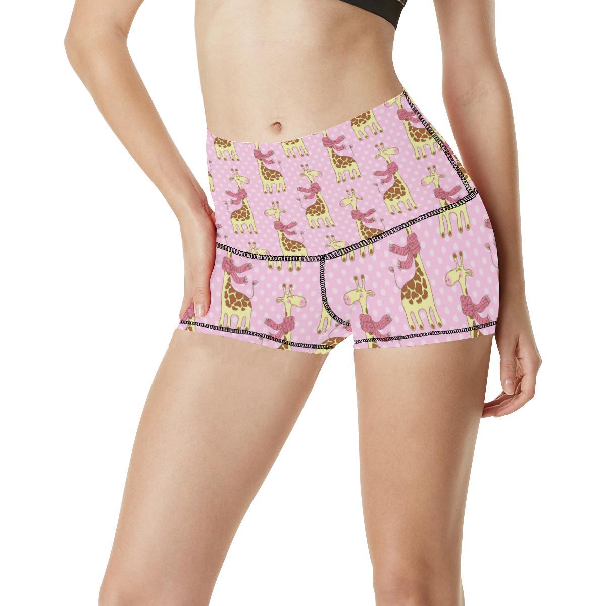 Giraffe Cute Pink Polka Dot Print High Waisted Spandex Shorts-JTAMIGO.COM