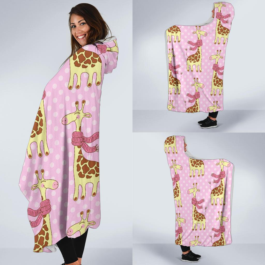 Giraffe Cute Pink Polka Dot Print Hooded Blanket-JTAMIGO.COM