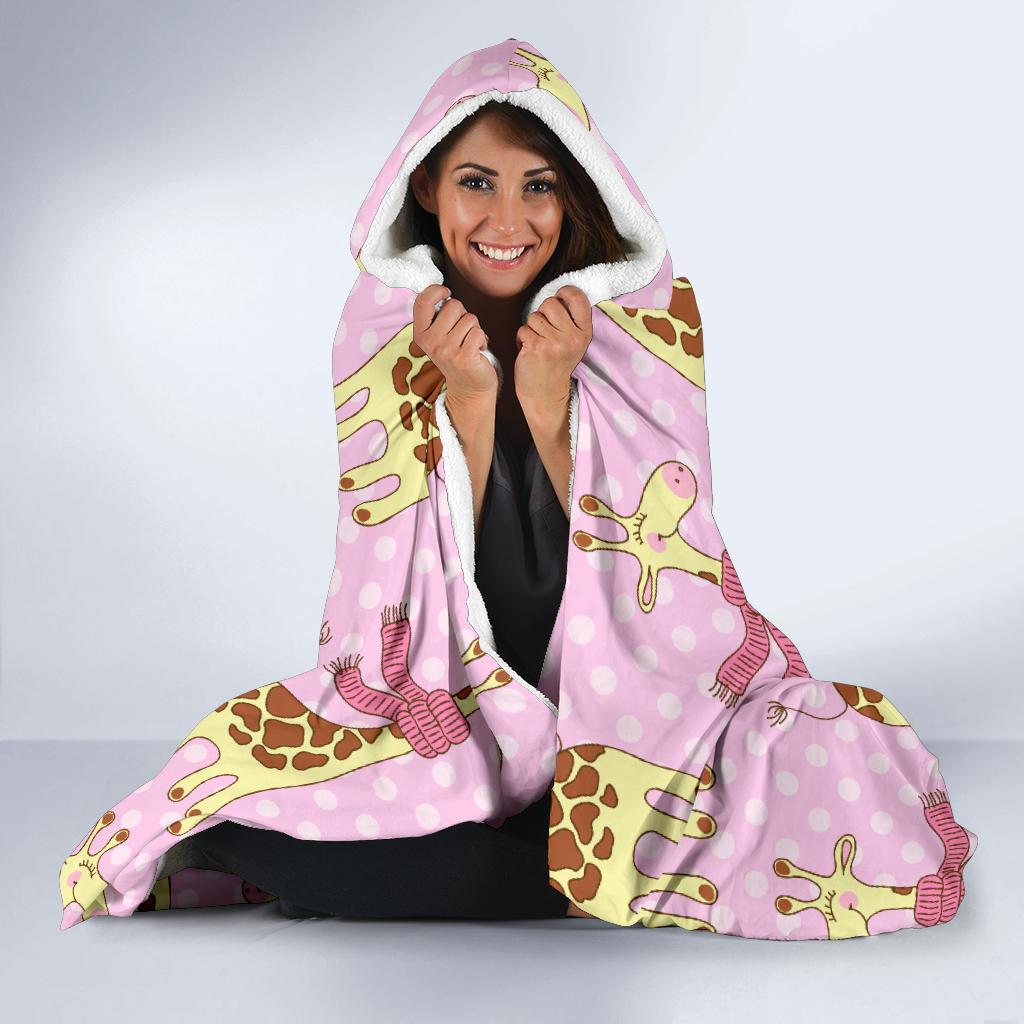 Giraffe Cute Pink Polka Dot Print Hooded Blanket-JTAMIGO.COM
