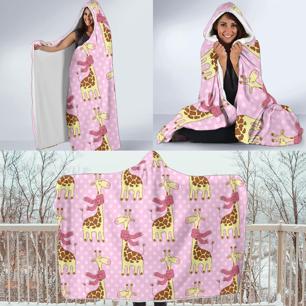 Giraffe Cute Pink Polka Dot Print Hooded Blanket-JTAMIGO.COM