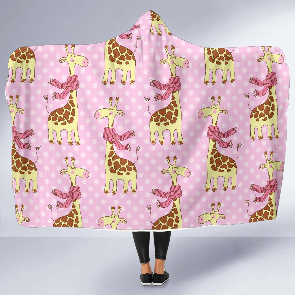 Giraffe Cute Pink Polka Dot Print Hooded Blanket-JTAMIGO.COM