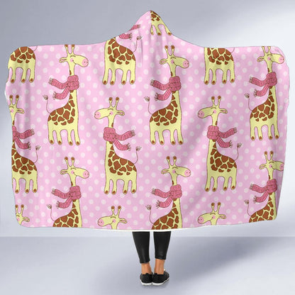 Giraffe Cute Pink Polka Dot Print Hooded Blanket-JTAMIGO.COM