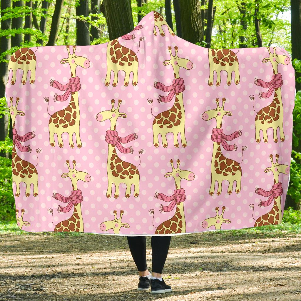 Giraffe Cute Pink Polka Dot Print Hooded Blanket-JTAMIGO.COM