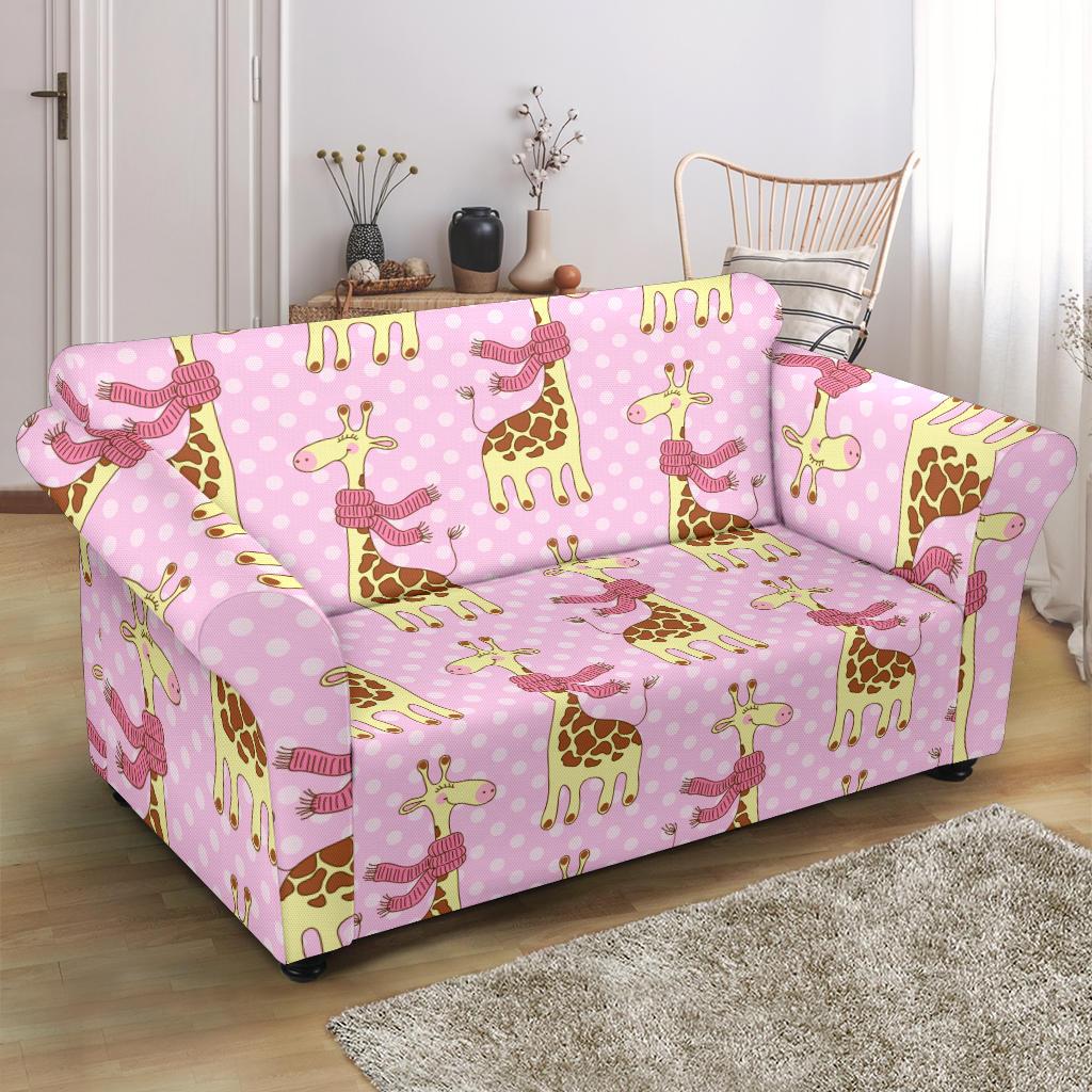 Giraffe Cute Pink Polka Dot Print Loveseat Slipcover-JTAMIGO.COM
