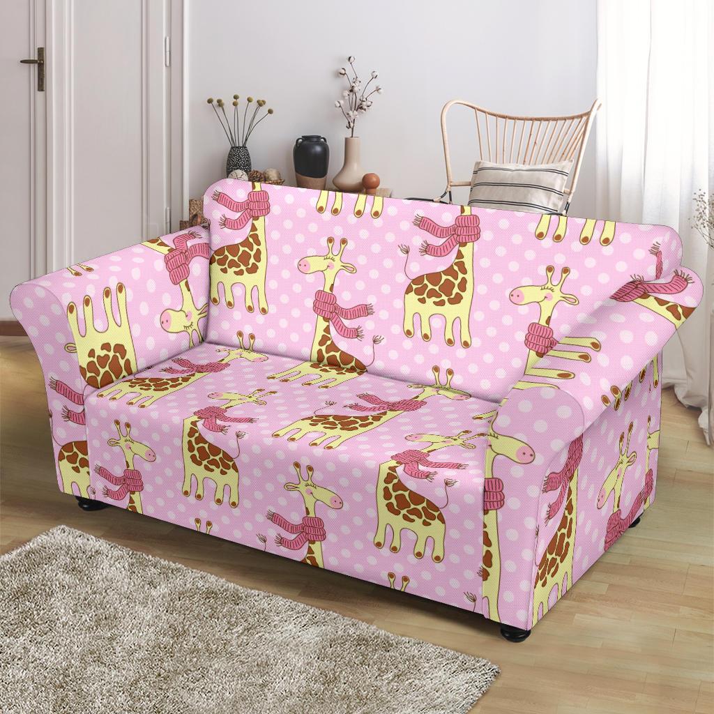 Giraffe Cute Pink Polka Dot Print Loveseat Slipcover-JTAMIGO.COM