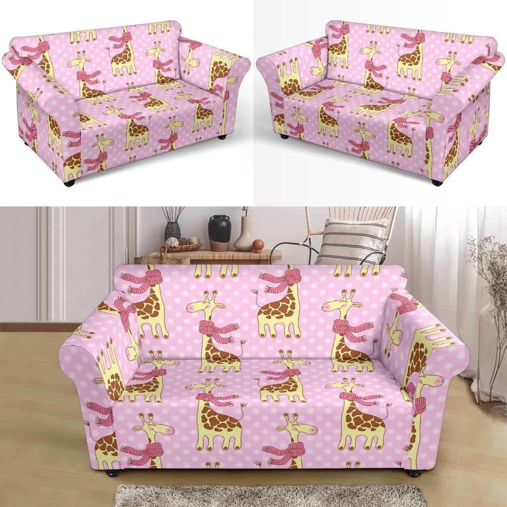 Giraffe Cute Pink Polka Dot Print Loveseat Slipcover-JTAMIGO.COM